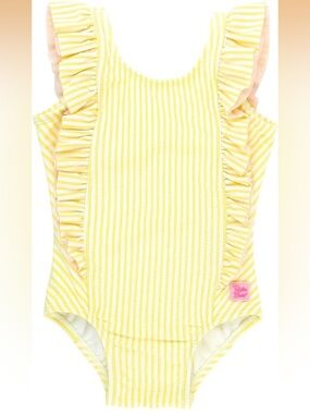 RuffleButts Yellow and White Striped Pink Ruffle One-Piece Swimsuit
